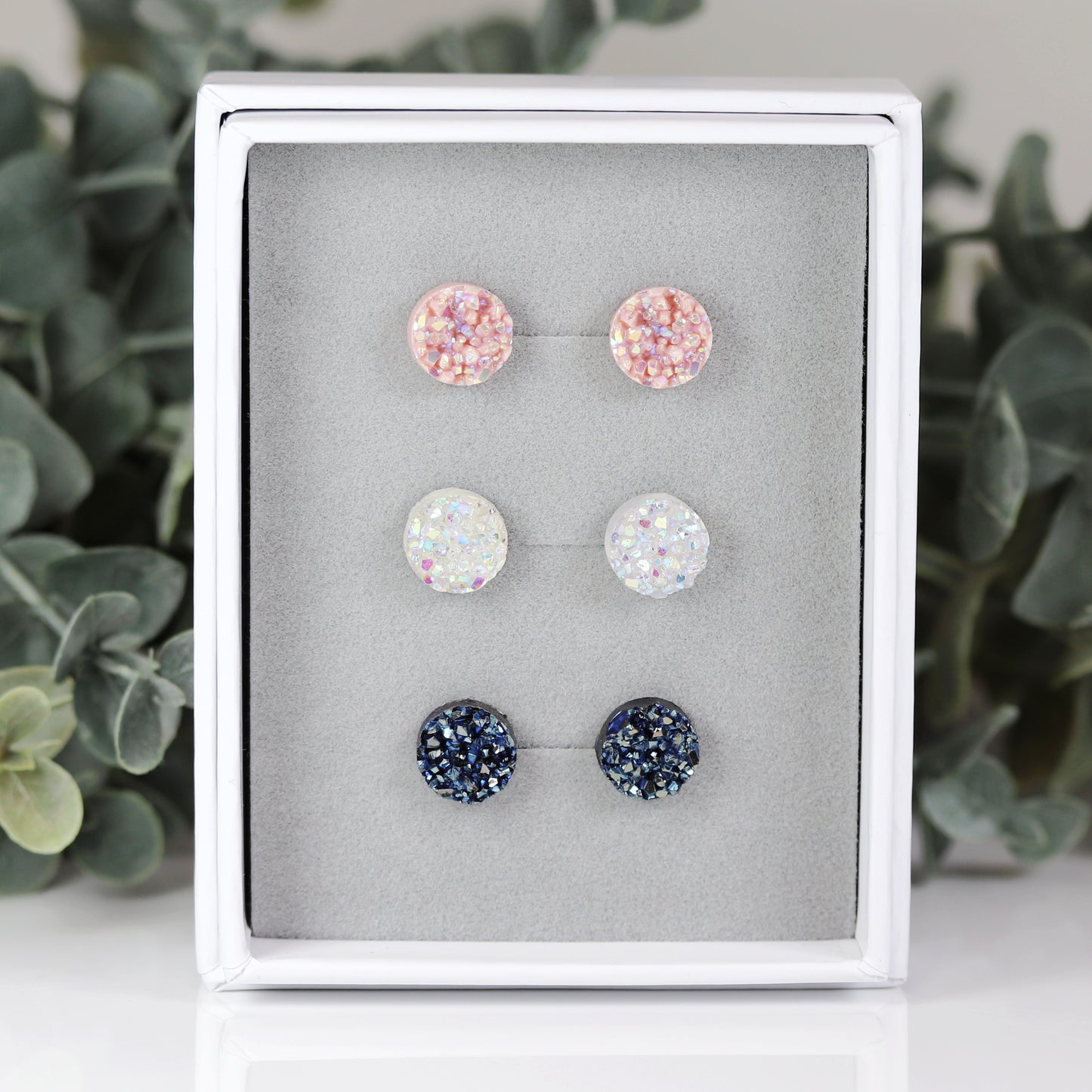 Coffret cadeau de boucles d'oreilles à tige en faux druzy, 8 mm ou 10 mm