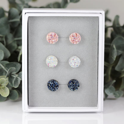Coffret cadeau de boucles d'oreilles à tige en faux druzy, 8 mm ou 10 mm