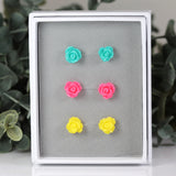 Plastic Post or Invisible Clip On Metal Free Rose Earrings Gift Set, 9mm