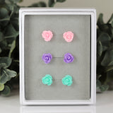 Plastic Post or Invisible Clip On Metal Free Rose Earrings Gift Set, 9mm
