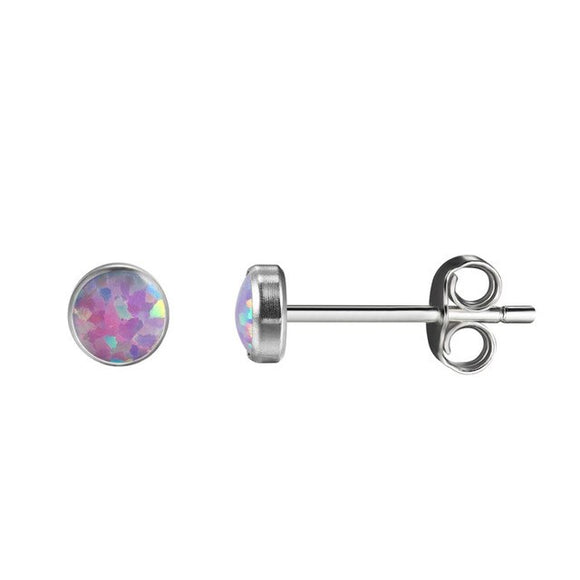 A pair of round opal stud earrings set in a titanium bezel, presented against a white background.