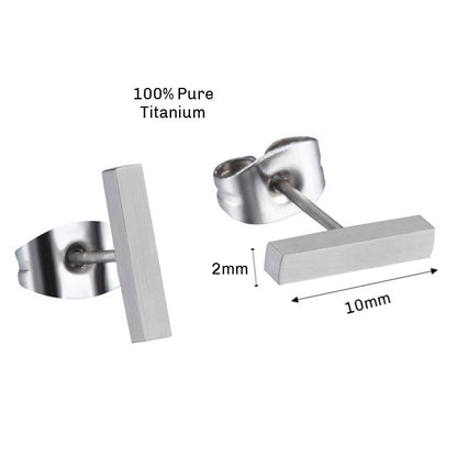 A pair of silver titanium bar stud earrings with butterfly back closures.