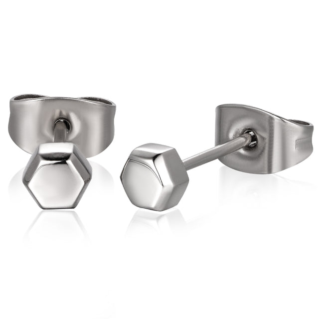 A pair of silver-colored titanium hexagon stud earrings, showing the front and back sides.