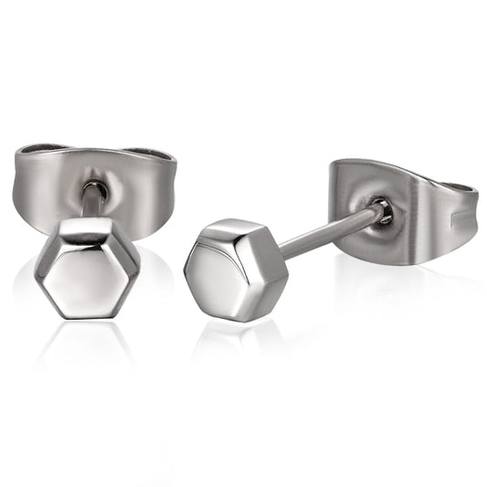 A pair of silver-colored titanium hexagon stud earrings, showing the front and back sides.