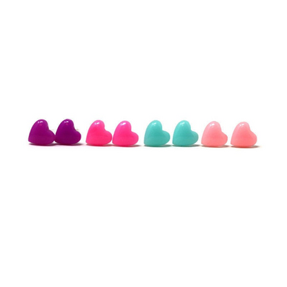 A set of heart-shaped stud earrings in a variety of colors including purple, pink, green, and orange.