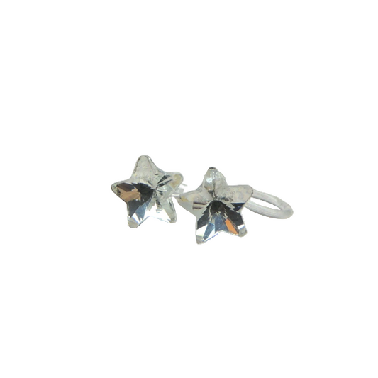 A pair of star-shaped rhinestone earrings in silver color, featuring clear crystals.