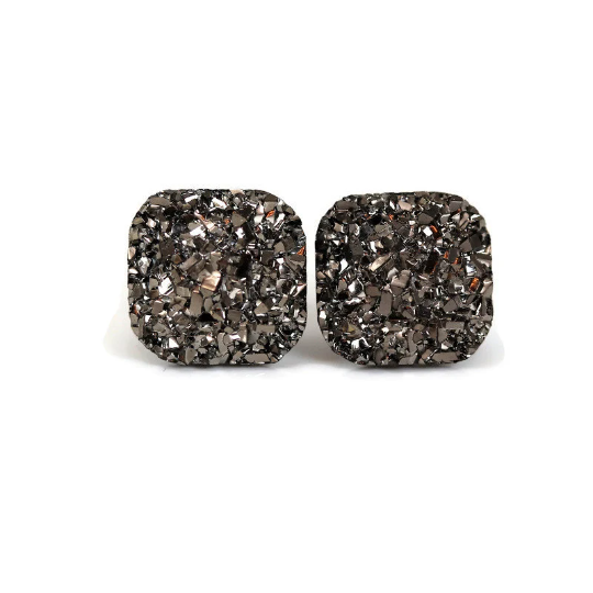 A pair of gunmetal square druzy stud earrings with rounded corners on a white background, with a text overlay saying 'More Colors'.