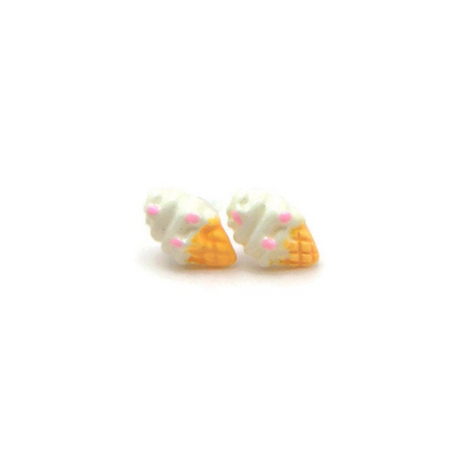 A pair of stud earrings designed to look like soft ice cream cones with a white and yellow color scheme.
