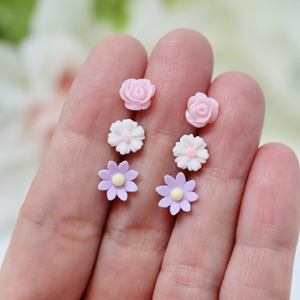 Dainty Pink Rose, Daisy, Wildflower Stud Earring Gift Set