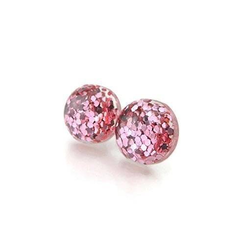 A pair of pink glitter filled resin earrings with round cabochons.
