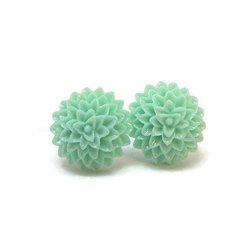 Metal Free aqua Dahlia Earrings on Plastic posts for sensitive ears