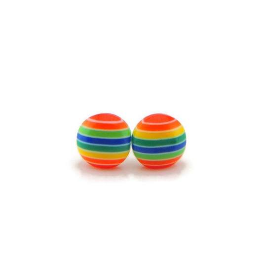 A pair of rainbow striped stud earrings with visible multicolored stripes on a white background.