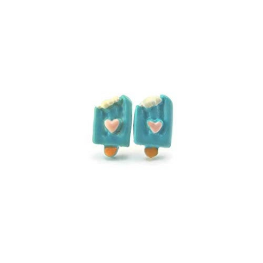 A pair of blue popsicle-shaped stud earrings with a white and yellow detail that resembles a straw, set against a white background.