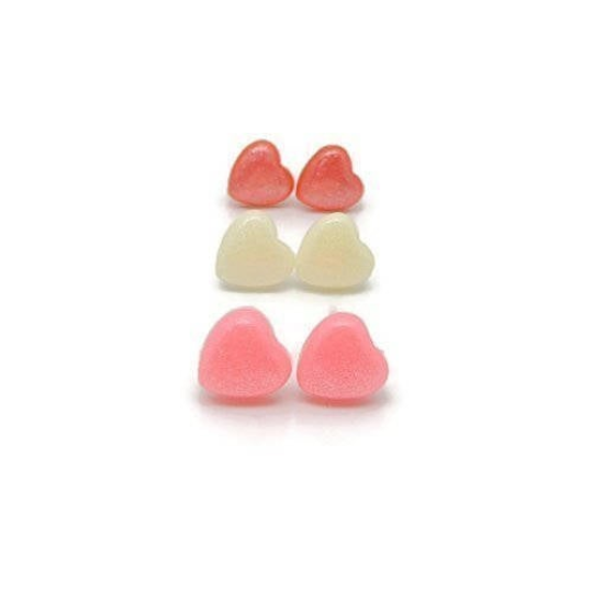 A set of heart-shaped frosted stud earrings in red, clear, and pink colors, displayed in three pairs.