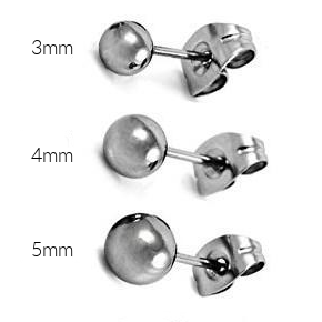Three pairs of titanium ball stud earrings in different sizes, labeled 3mm, 4mm, and 5mm, arranged in two rows with the corresponding size labels visible.