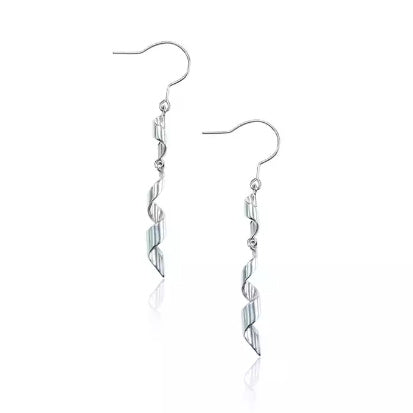 A pair of spiral tassel dangle earrings with a white gold plated copper finish.